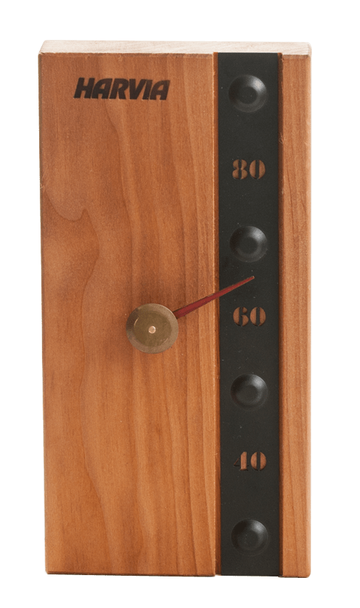 Termômetro Harvia Legend de madeira com mostrador preto e vermelho.