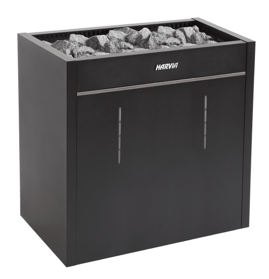 Aquecedor Harvia Virta Pro com pedras visíveis.