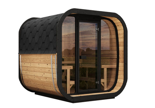 Sauna Exterior Cube 220 com porta de vidro.