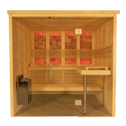 Interior da Sauna Himalaya com portas de vidro.