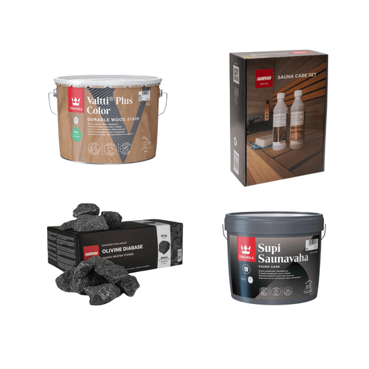 Bricolage Pacote de Manutenção para saunas, incluindo baldes, caixas e pedras.