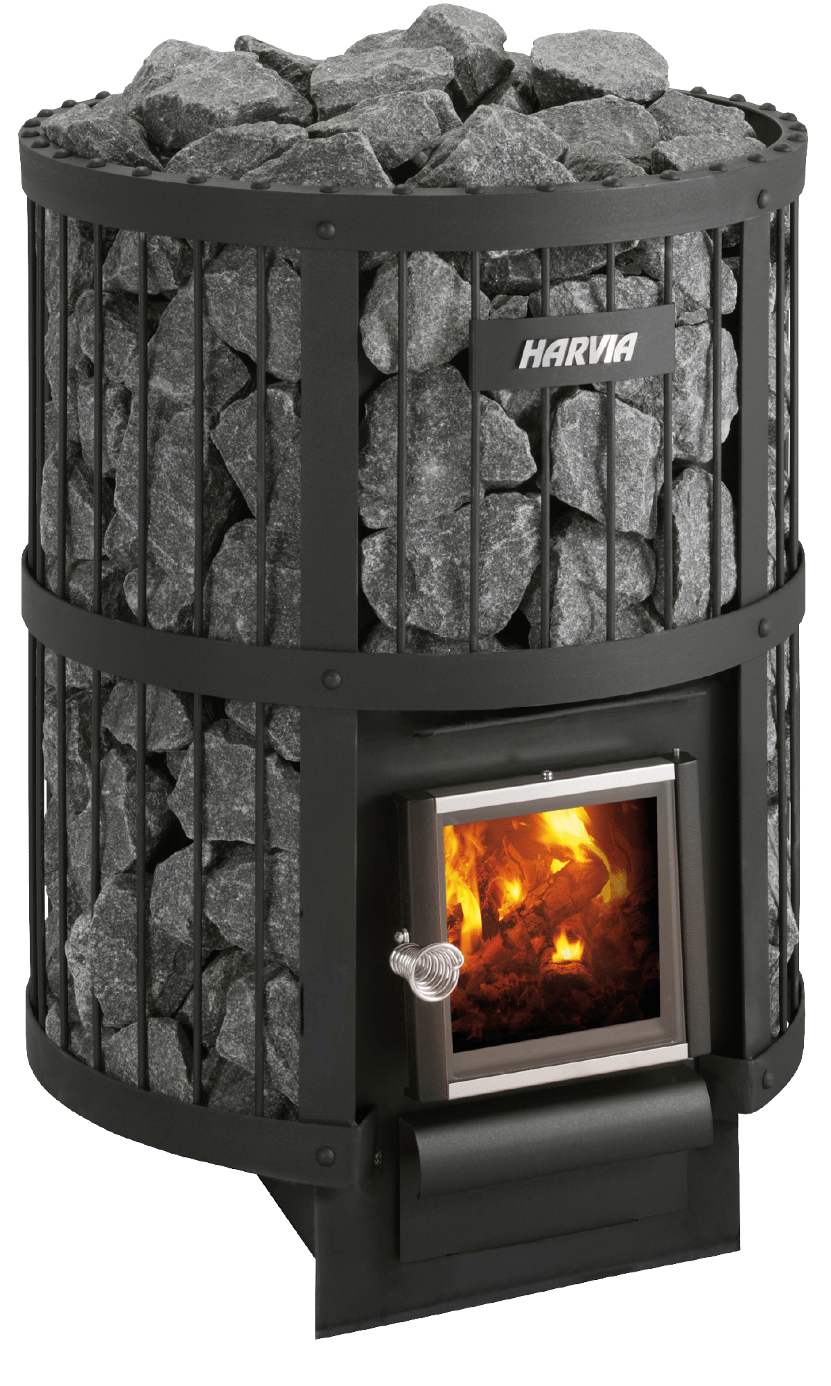 Aquecedor Harvia Legend 240 com pedras e chamas visíveis.
