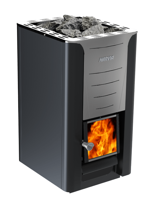 Harvia Pro 26 SET com chamas visíveis na porta de vidro.