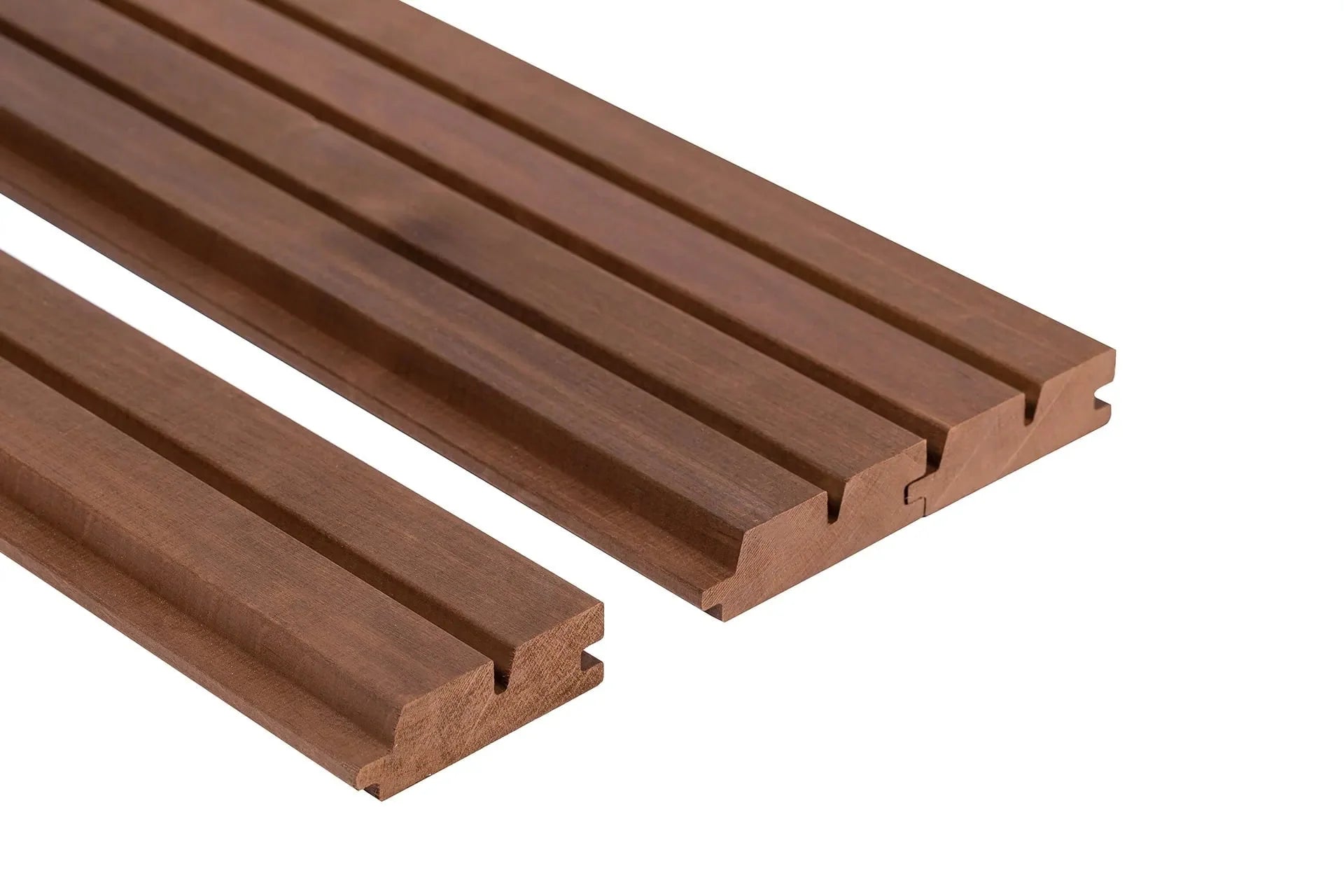 Painel de Sauna ROMBTO 27x85mm Amieiro Termo Escuro (Dark Th. Alder) – Pacote de 4 peças - Saunamo