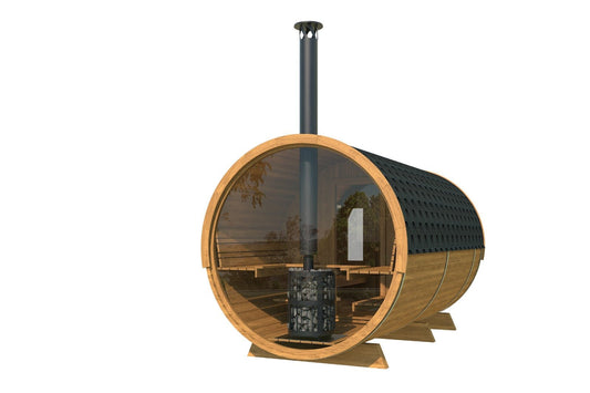 Barril de madeira com chaminé, Parede traseira toda em vidro.