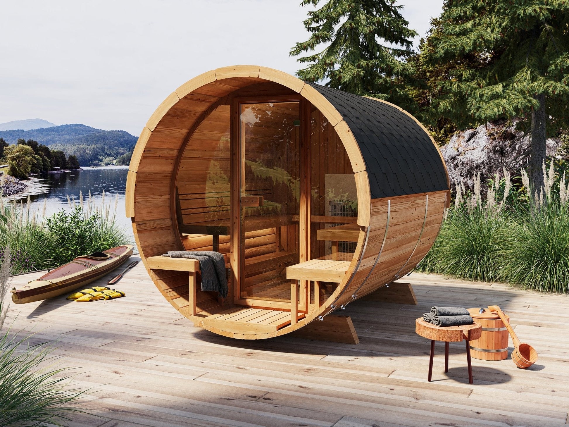 Sauna Barrel 280 Deluxe com vista para o lago.