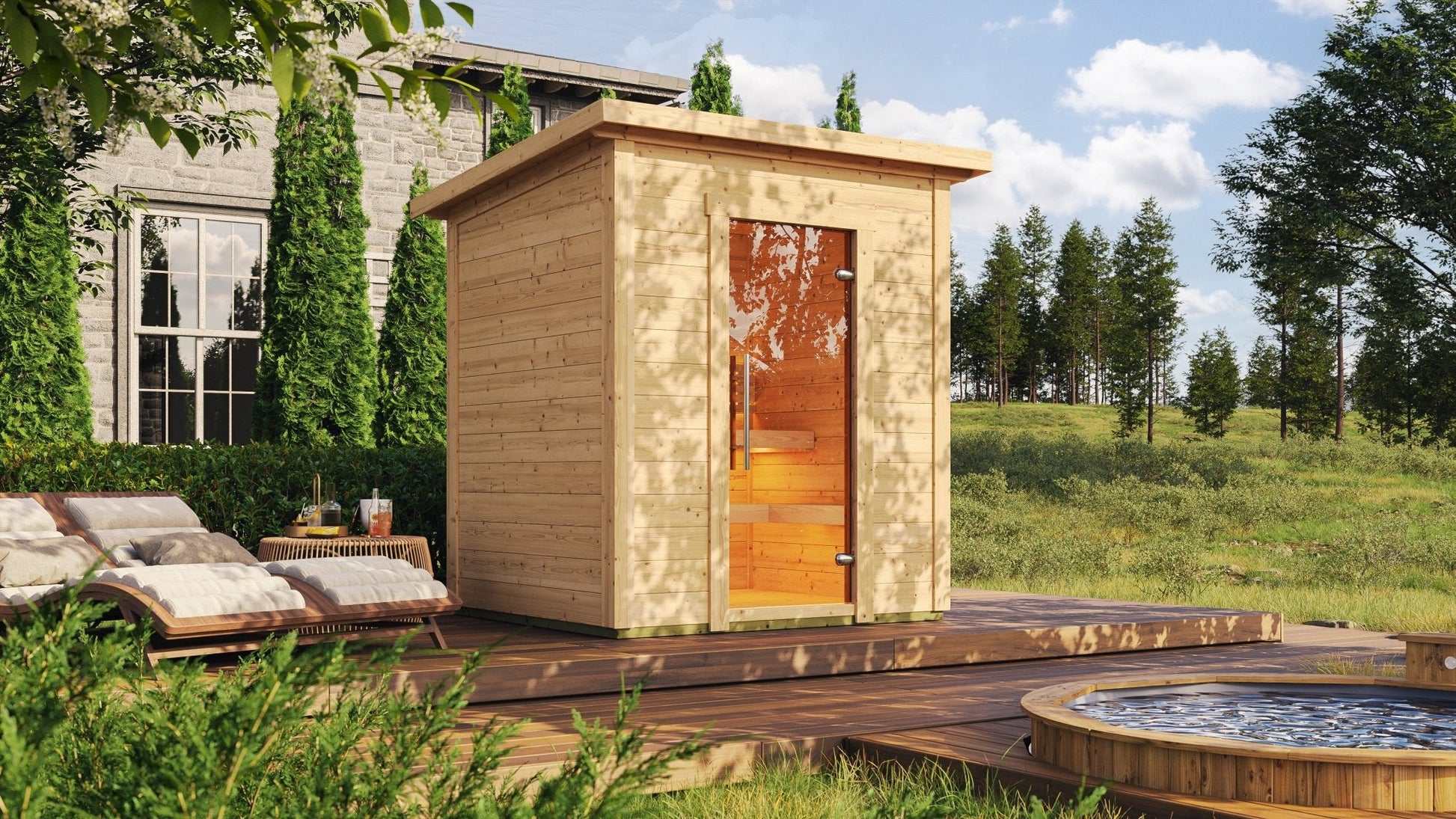 Sauna Exterior Box com design nórdico e porta de vidro.