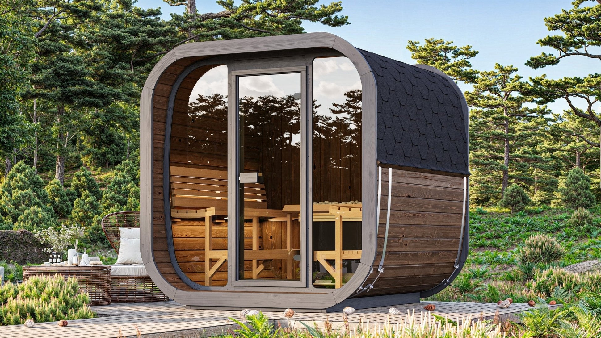 Sauna Exterior Cube 220 com porta de vidro e estrutura de madeira.