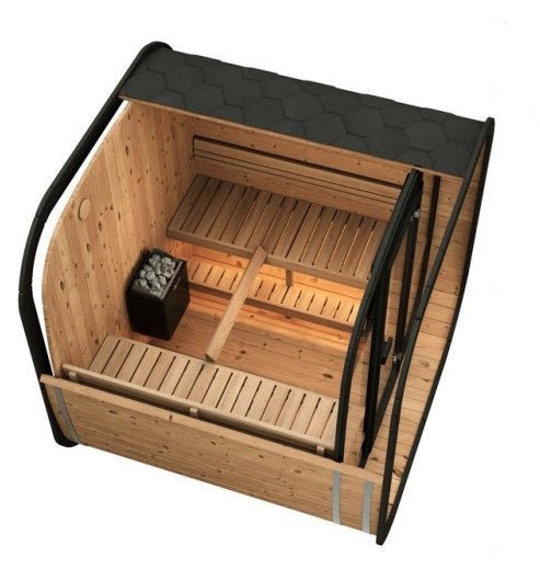 Sauna Exterior Cube 220 com porta preta e bancos ergonômicos.
