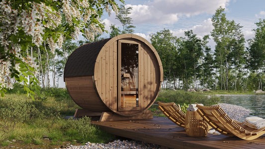 Sauna Exterior Ergo em formato de barril com deck.