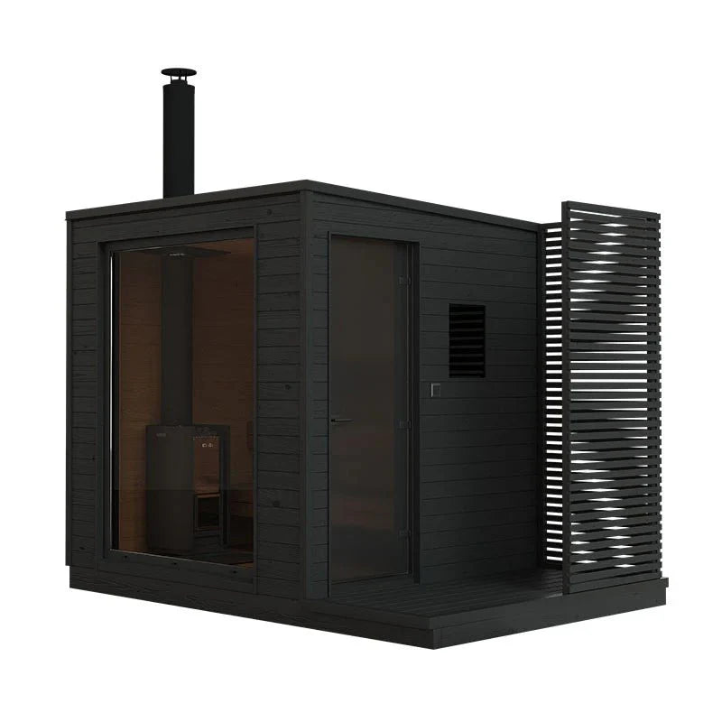 KUUT Sauna a Lenha M com design moderno e porta de vidro.