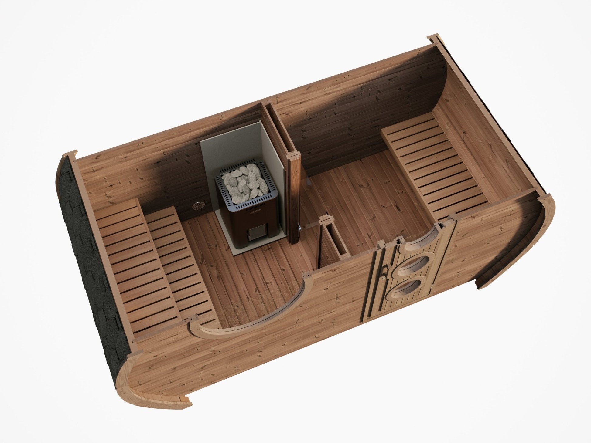 Sauna Exterior Hobbit 195 com design curvilíneo e charme rústico.