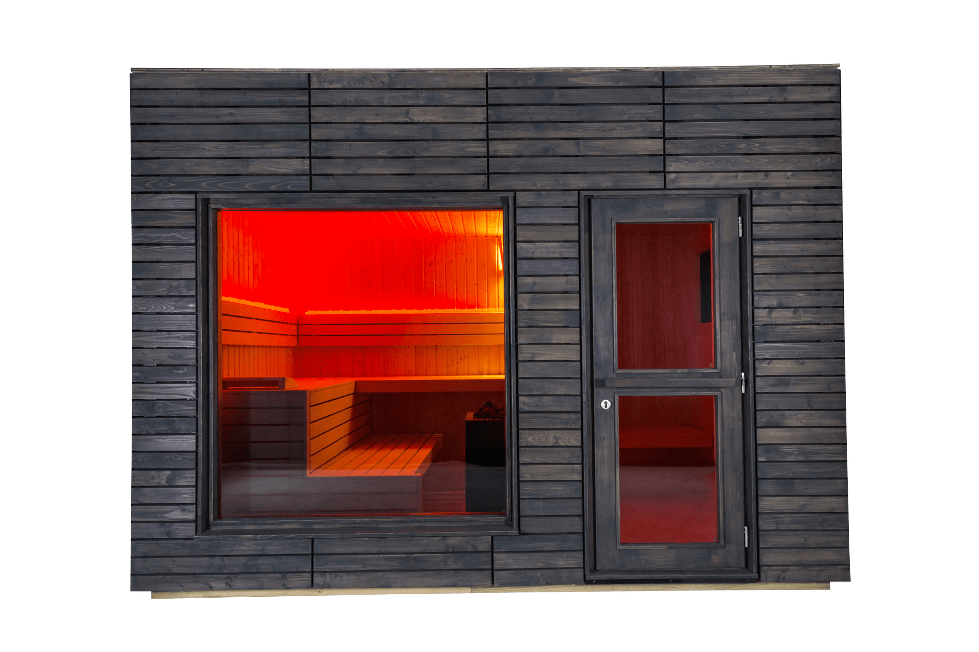Sauna Exterior Isolada Alpina Grande com janela e porta de madeira.
