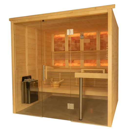 Sauna Interior Himalaya com portas de vidro e parede de sal.
