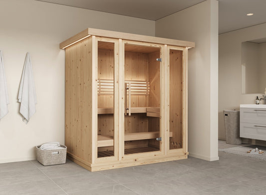 Sauna Interior Mini com portas de vidro em ambiente interno.