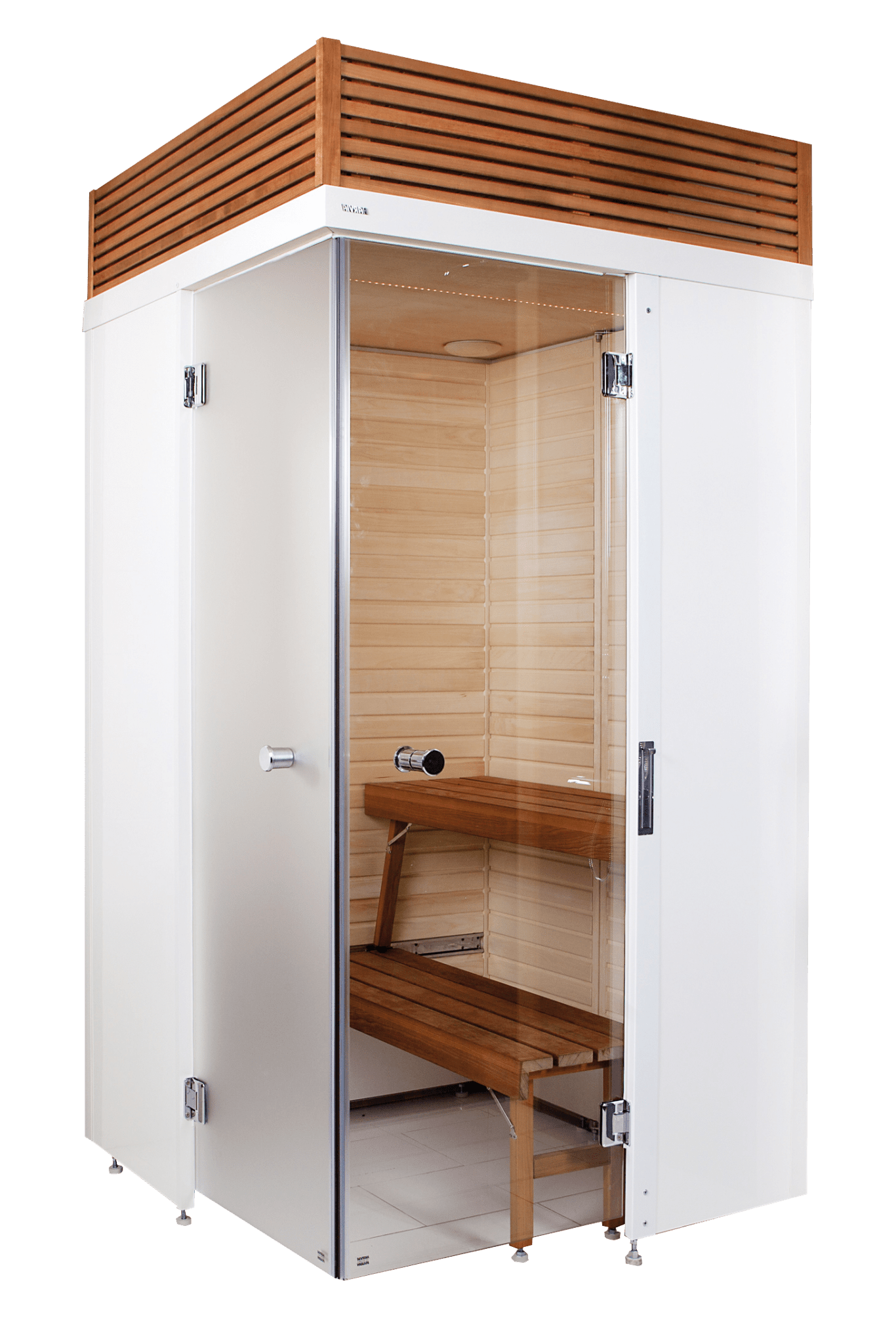 Sauna SmartFold 2.0 com design dobrável e banco de madeira.