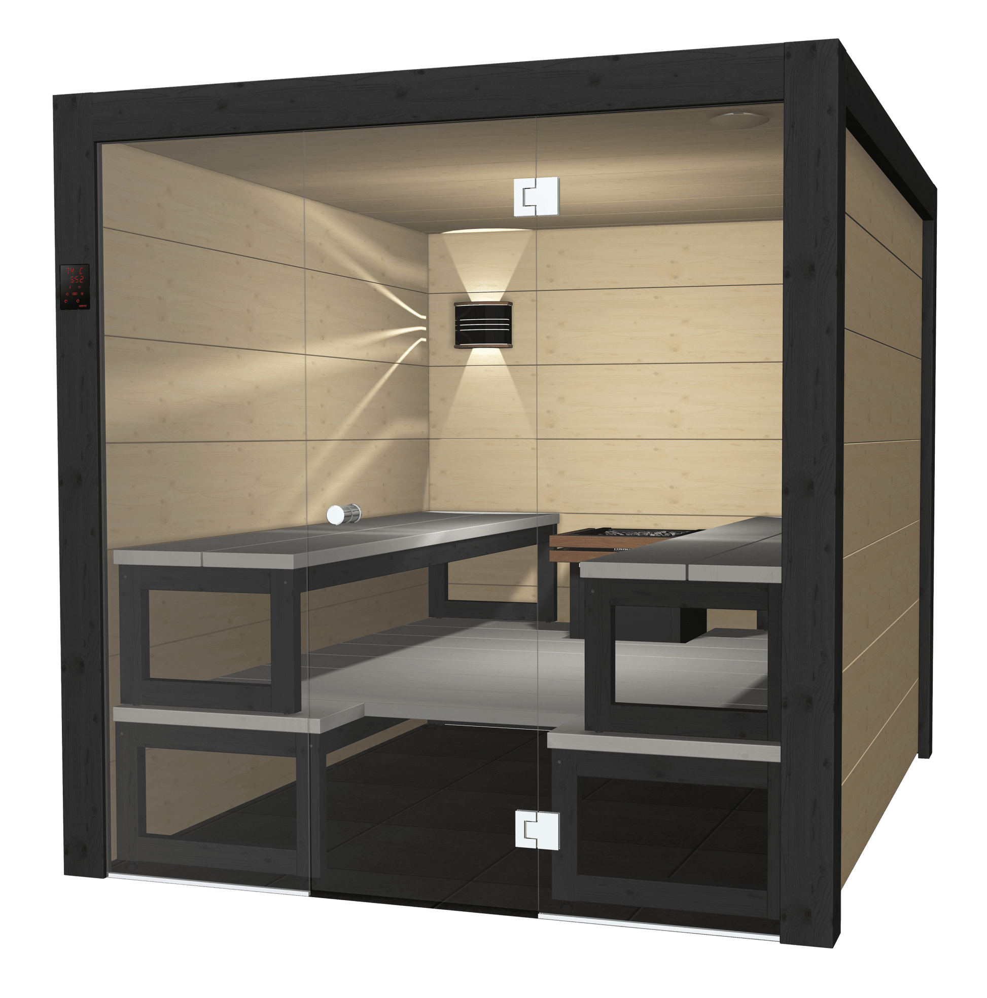 Sauna Solide em ambiente moderno com mesa e cadeiras.