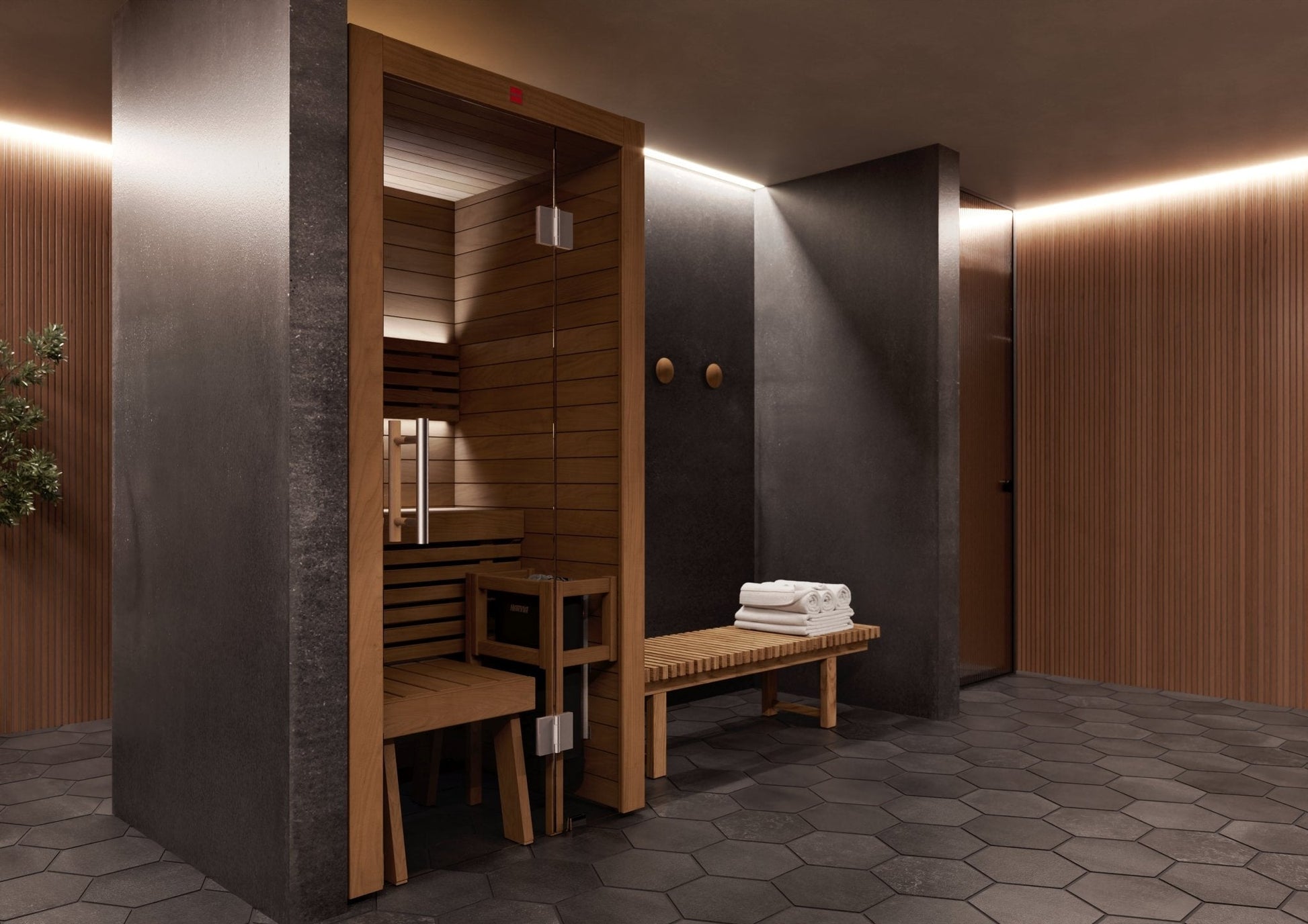 Sauna Utu em ambiente interior com bancos de madeira.