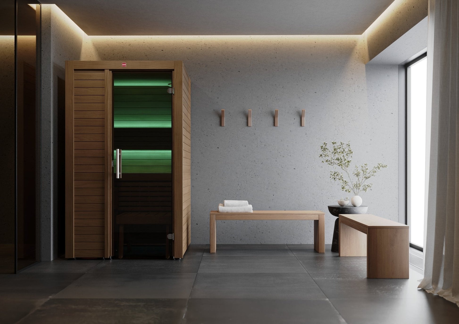 Sauna Utu em ambiente elegante com banco e porta iluminada.