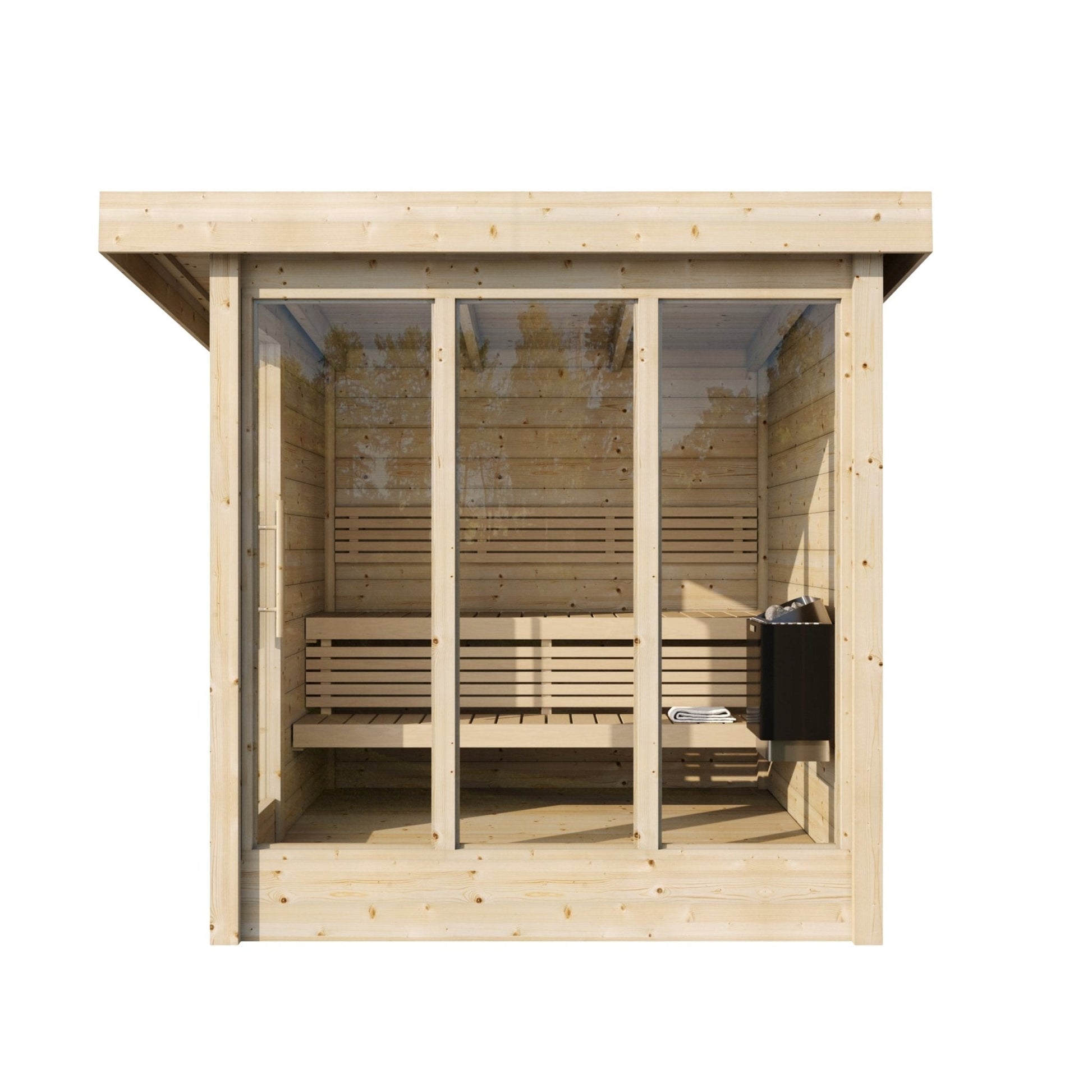 Sauna Exterior Deluxe com design moderno e janelas de vidro.