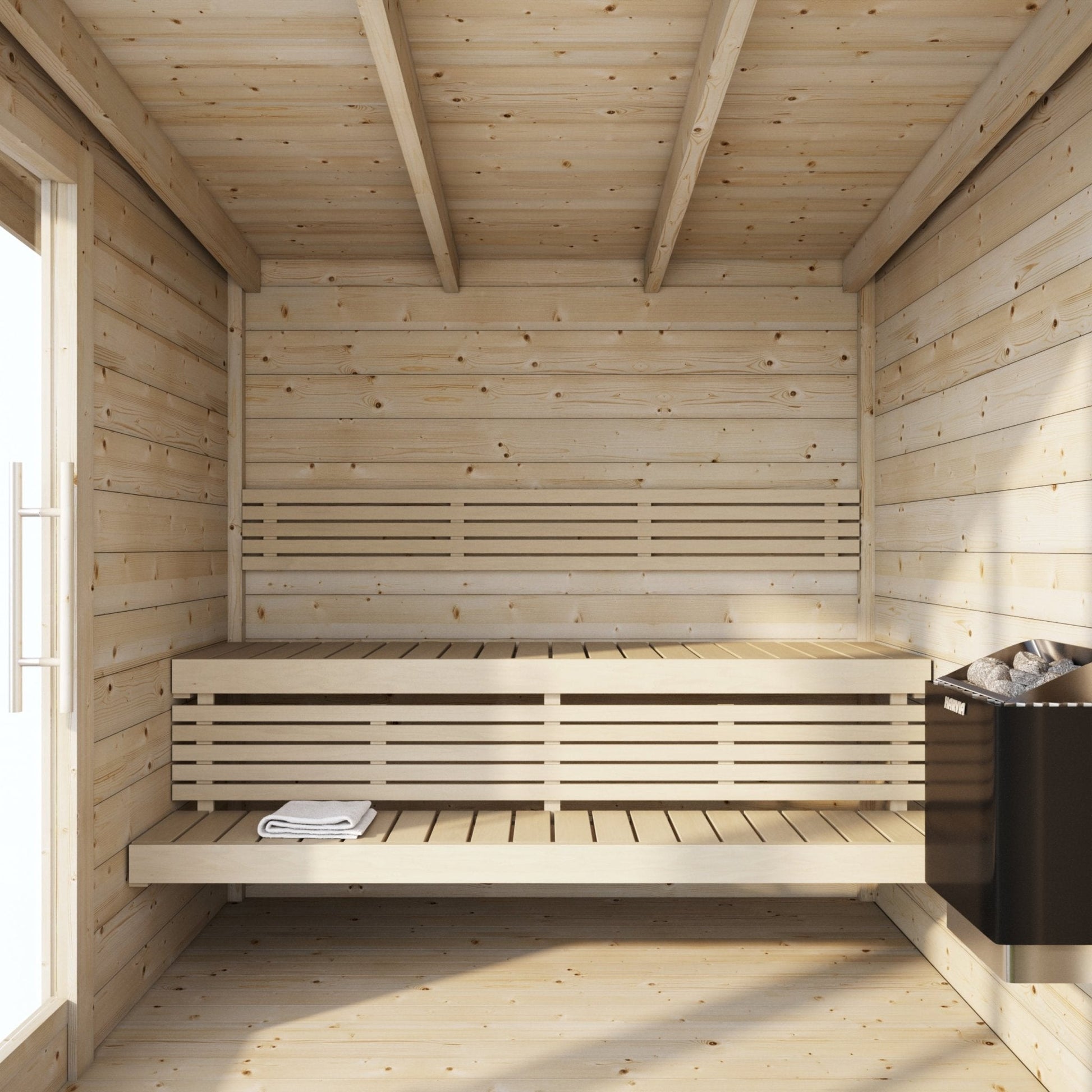 Sauna Exterior Deluxe com interior de madeira e aquecedor.