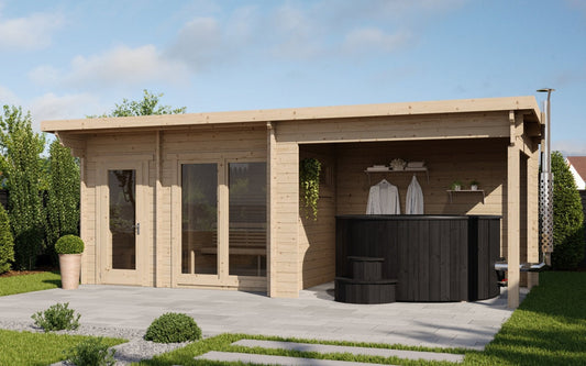 Sauna Exterior Deluxe Spa com banheira e vestiário.