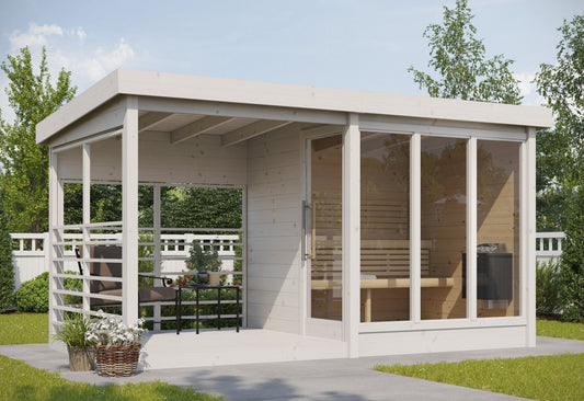 Sauna Exterior Deluxe Terrace com fachada envidraçada e terraço coberto.