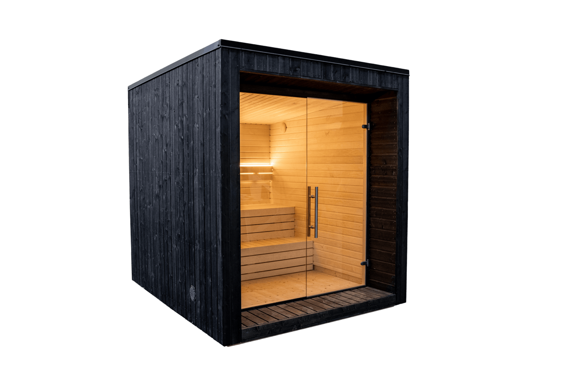 Sauna Exterior Lumi com porta de vidro.