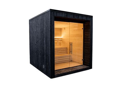 Sauna Exterior Lumi com porta de vidro.