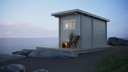 Sauna Exterior Nordica com design elegante na praia.